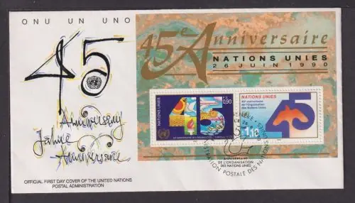 Kostenloser Rückversand Briefmarken UNO Vereinte Nationen Brief Block 1990 45 Jahre UNO