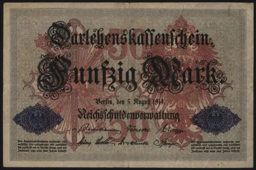 Jetzt Bestellen Geldschein 50 Mark Darlehenskassenschein 5.8.1914 50 b KN 7 stellig II.