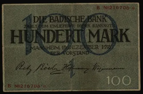 Neue Kollektion Geldschein Banknote Baden 6 100 Mark Mannheim 15.12.1918 II