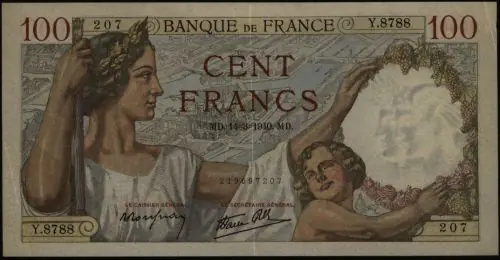 Geldschein Banknote Frankreich 100 Cent Francs 1940 III. VF 94 Neu