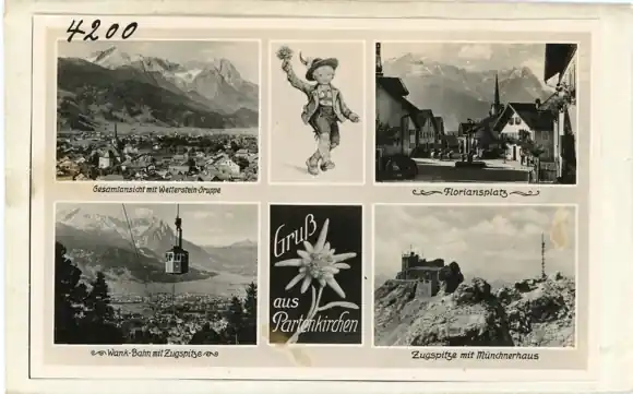 Kostenloser Versand 4 Glas Negative Garmisch Partenkirchen in Oberbayern, Marktplatz, diverse Ansichten, Brunnen