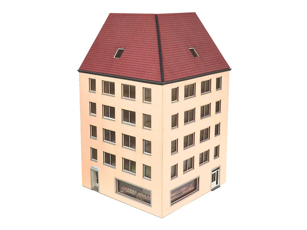 Modellbahn Union MU-H0-H00288 H0 Halbrelief modernes Stadthaus Eckhaus 90 Grad mit Laden Sandstein Im Trend